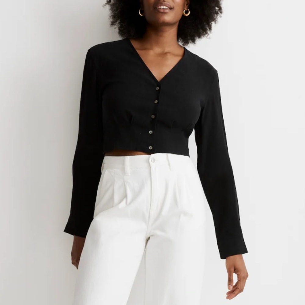 Madewell V-Neck Button-Front Crop Shirt in Lusterweave - Women’s 12